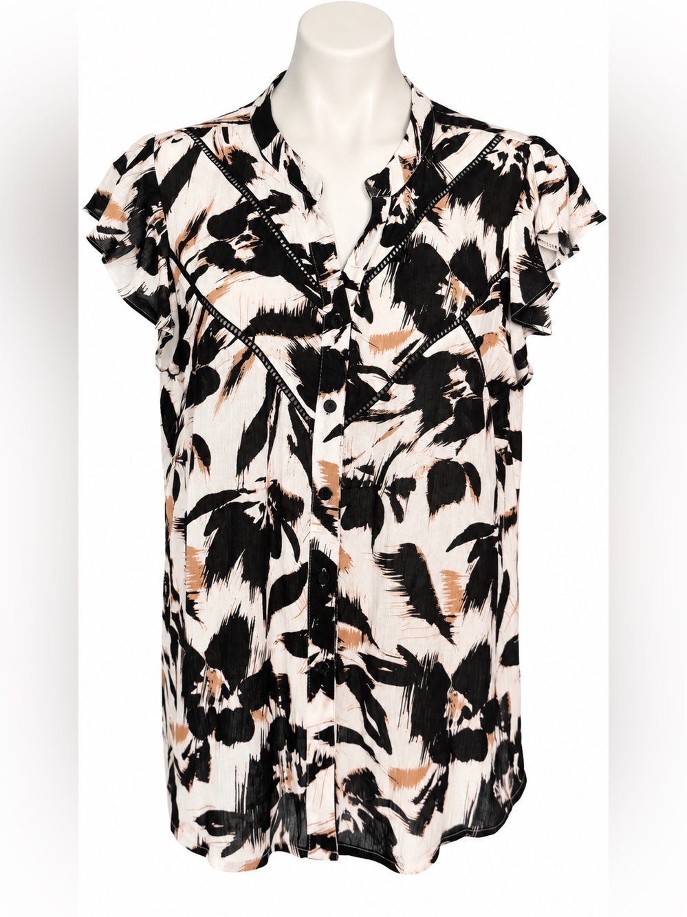 Adrienne Vittadini Abstract Brushstroke Button-Front Blouse - Black & Tan
